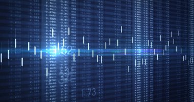 Borsa görüntüsü ve mavi arka plandaki rakamlar. küresel iş, finans, bağlantılar ve dijital arayüz konsepti dijital olarak oluşturulmuş görüntü.