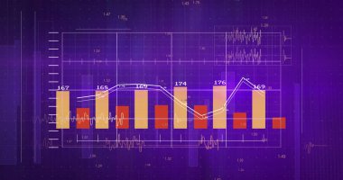 Mor zemin üzerinde istatistik ve finansal veri işleme resmi. küresel iş, finans, bağlantılar ve dijital arayüz konsepti dijital olarak oluşturulmuş görüntü.