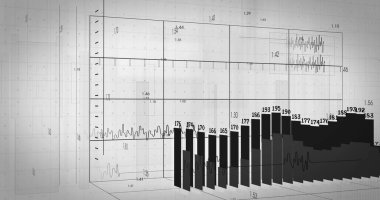 Beyaz zemin üzerinde sayılar ve veri işleme olan diyagramların resmi. küresel iş, finans, bağlantılar ve dijital arayüz konsepti dijital olarak oluşturulmuş görüntü.