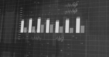 Siyah arkaplan üzerinde rakamlar olan diyagramların resmi. küresel iş, finans, bağlantılar ve dijital arayüz konsepti dijital olarak oluşturulmuş görüntü.