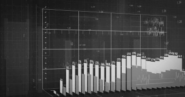 Siyah zemin üzerinde sayılar ve veri işleme olan diyagramların resmi. küresel iş, finans, bağlantılar ve dijital arayüz konsepti dijital olarak oluşturulmuş görüntü.