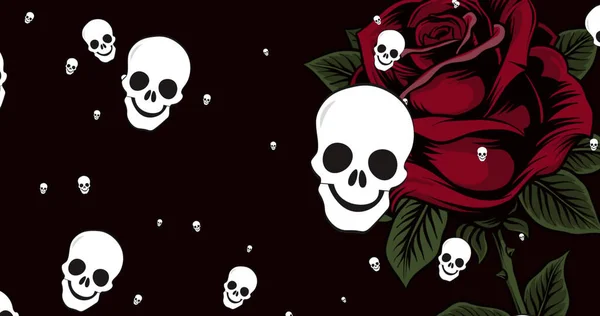 Image Skull Icons Falling Rose Black Background Love Celebration Concept — Stock Photo, Image