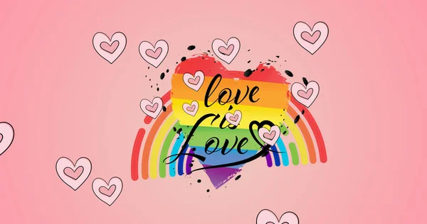 Obraz Serc Nad Tęczową Miłością Tekst Miłosny Różowym Tle Dumny — Zdjęcie stockowe
