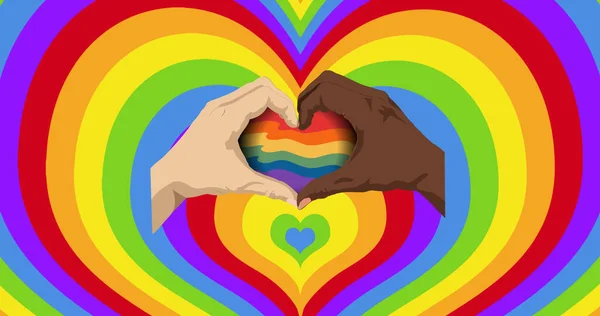 虹の心にハートサインをする白人とアフリカ系アメリカ人の手のイメージ Lgbtq誇りと平等のお祝いの概念デジタル生成された画像 — ストック写真