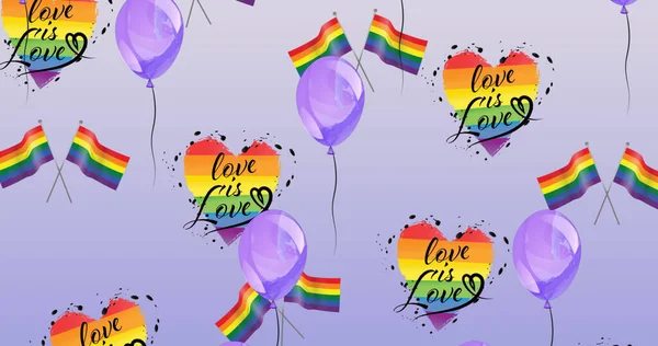 Bild Von Luftballons Über Regenbogenherzen Und Fahnen Auf Rosa Hintergrund — Stockfoto