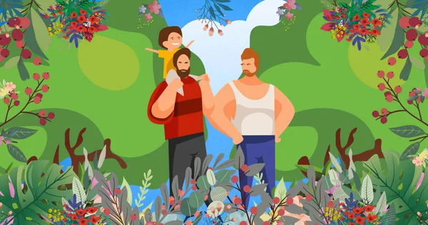 Afbeelding Van Homo Paar Met Kind Bladeren Bomen Trots Maand — Stockfoto