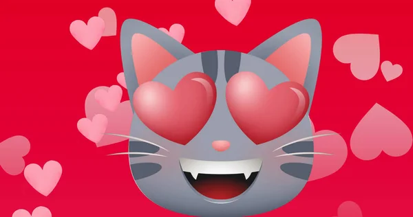 Afbeelding Van Rode Harten Pictogrammen Kat Rode Achtergrond Valentijnsdag Romantiek — Stockfoto