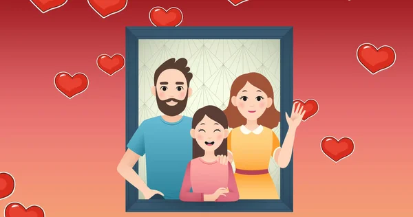 Immagine Illustrazione Ritratto Genitori Felici Figlia Con Cuori Rossi Famiglia — Foto Stock