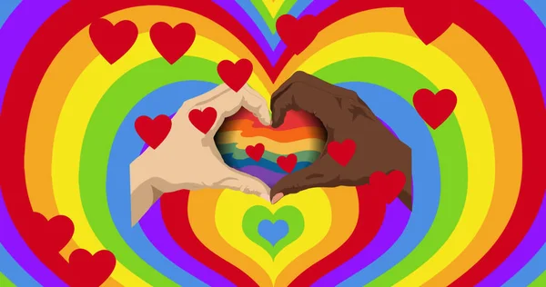 Imagem Corações Mãos Diversas Sobre Coração Arco Íris Conceito Orgulho — Fotografia de Stock