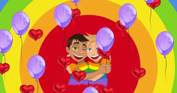 Beeld Van Ballonnen Harten Jongens Die Elkaar Omhelzen Regenboogachtergrond Trots — Stockfoto