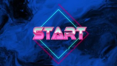 Mavi arkaplan üzerinde şekiller olan başlangıç metninin canlandırması. Retro iletişim ve video oyunu konsepti dijital olarak oluşturuldu.