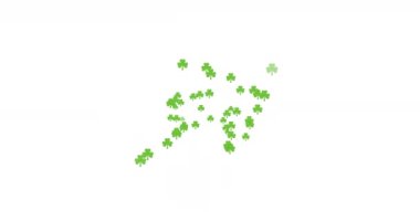 Yüzen çok sayıda yonca yaprağı ve beyaz arka planda yeşil ışık izleri. Mutlu Aziz Patrick bayramı kutlaması..