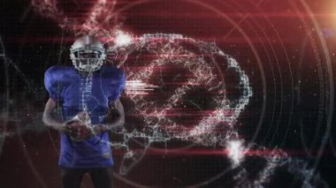 Afro-Amerikan futbolcu üzerinde veri işleme ve DNA iplikçiklerinin animasyonu. global spor, bağlantılar, dijital arayüz ve teknoloji konsepti dijital olarak oluşturulmuş video.