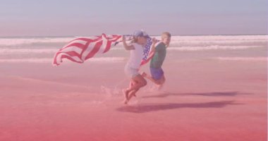 Sahilde koşuşturan Amerikan bayraklarıyla gülümseyen beyaz kardeşlerin animasyonu. Ulusal Kardeşler Günü ve dijital olarak üretilen video konsepti.