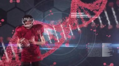 Veri işleme ve DNA diziliminin animasyonu beyaz amerikalı futbolcu üzerinde. global spor, bağlantılar, dijital arayüz ve teknoloji konsepti dijital olarak oluşturulmuş video.