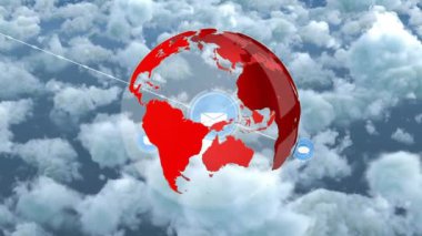 Medya simgeleri ve bulutlar üzerindeki dünyanın animasyonu. dünya ve haritalar konsepti dijital olarak oluşturulmuş video.