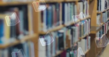 Kitap ikonlarının animasyonu, elinde kitaplarla gülümseyen beyaz adam üzerine. dünya kitabı gecesi ve dijital olarak oluşturulan kutlama konsepti.