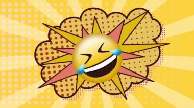 Sarı arkaplanda çizgi roman ikonu üzerindeki emoji simgesinin animasyonu. Sosyal medya ve iletişim arayüzü kavramı dijital olarak oluşturulmuş video.