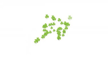 Yüzen çok sayıda yonca yaprağı ve beyaz arka planda sarı ışık izleri. Mutlu Aziz Patrick bayramı kutlaması..