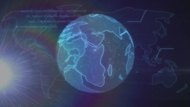Animacja Wirującego Globu Nad Przetwarzaniem Danych Mapą Świata Globus Koncepcja — Wideo stockowe