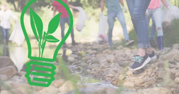 Animação Lâmpada Ícone Sobre Diversas Pessoas Limpeza Floresta Dia Terra — Vídeo de Stock