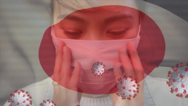 Animación Las Células Del Virus Bandera Japón Sobre Mujer Asiática — Vídeo de stock