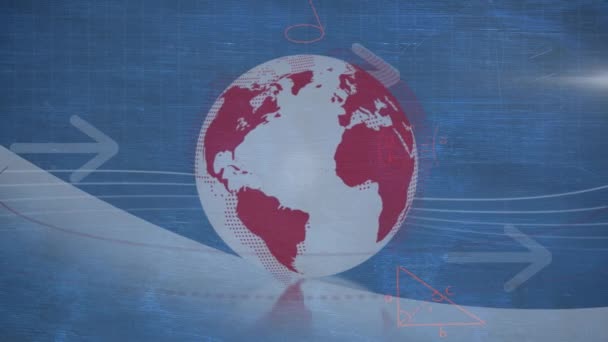Анимация Земного Шара Над Математическими Уравнениями Стрелками Синем Фоне Глобус — стоковое видео