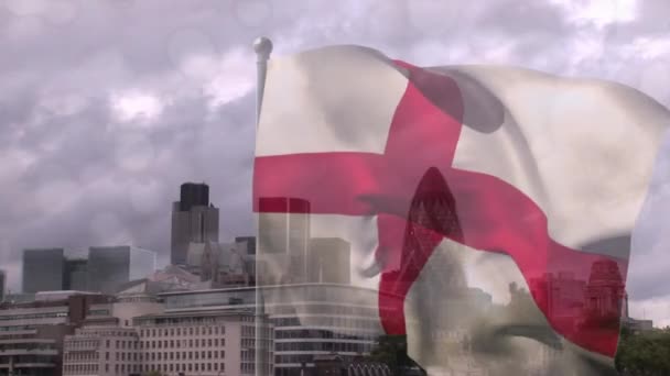 Animatie Van Vlag Van Engeland Boven Het Stadsgezicht George Dag — Stockvideo