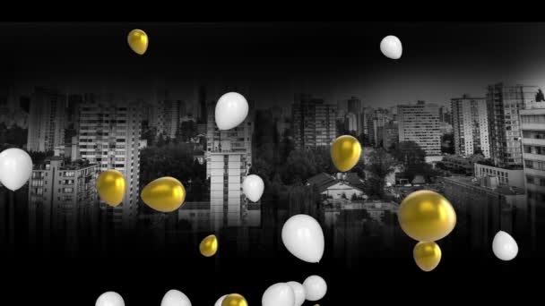 在黑色背景上动画气球和城市景观 派对及庆祝活动概念数码影片 — 图库视频影像