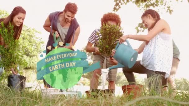 Animation Von Make Alltag Erde Tag Über Verschiedene Menschen Gartenarbeit — Stockvideo