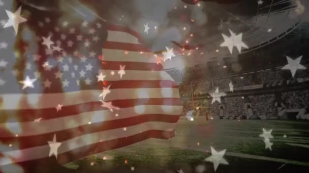 Animación Estrellas Bandera Americana Sobre Estadio Deportivo Patriotismo Concepto Celebración — Vídeo de stock