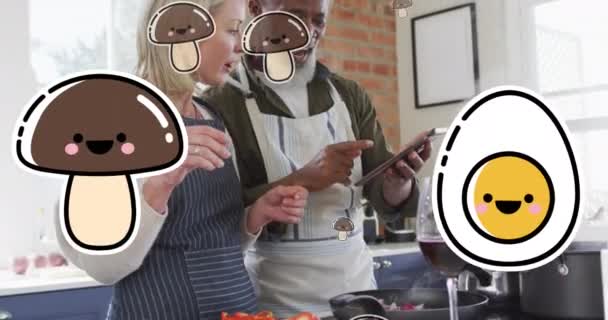 Animation Icônes Alimentaires Sur Couple Diversifié Utilisant Une Tablette Dans — Video