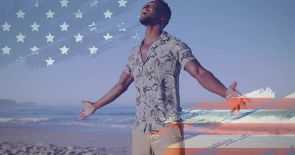 Animation American Flag African American Man Raising Hands Beach Patriotism — Stock Video