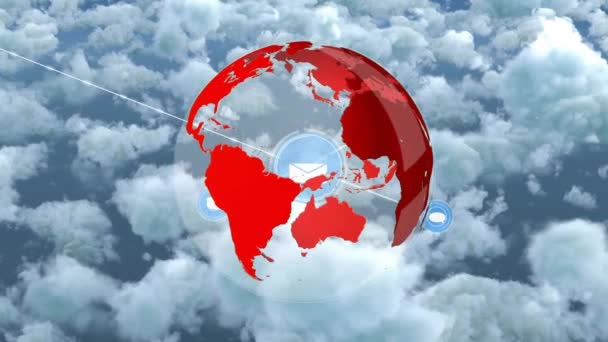 在媒体图标和云彩之上的全球动画 地球仪和地图概念数字生成的视频 — 图库视频影像
