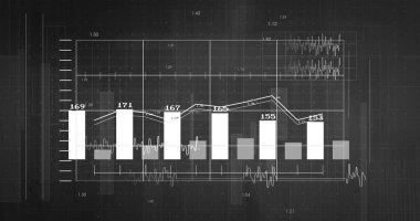 Siyah arka planda finansal veri işleme resmi. küresel iş, finans, bağlantılar ve dijital arayüz konsepti dijital olarak oluşturulmuş görüntü.