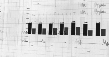 Beyaz arkaplan üzerinde rakamlar olan diyagramların resmi. küresel iş, finans, bağlantılar ve dijital arayüz konsepti dijital olarak oluşturulmuş görüntü.