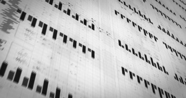 Beyaz zemin üzerinde sayılar ve veri işleme olan diyagramların resmi. küresel iş, finans, bağlantılar ve dijital arayüz konsepti dijital olarak oluşturulmuş görüntü.