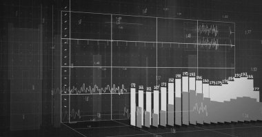 Siyah zemin üzerinde sayılar ve veri işleme olan diyagramların resmi. küresel iş, finans, bağlantılar ve dijital arayüz konsepti dijital olarak oluşturulmuş görüntü.