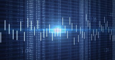 Borsa görüntüsü ve mavi arka plandaki rakamlar. küresel iş, finans, bağlantılar ve dijital arayüz konsepti dijital olarak oluşturulmuş görüntü.