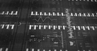 Siyah zemin üzerinde sayılar ve veri işleme olan diyagramların resmi. küresel iş, finans, bağlantılar ve dijital arayüz konsepti dijital olarak oluşturulmuş görüntü.