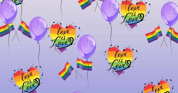 Immagine Palloni Cuori Arcobaleno Bandiere Sfondo Rosa Orgoglio Mese Celebrazione — Foto Stock