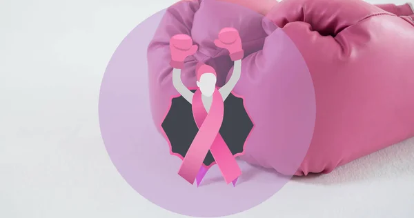 Afbeelding Van Vechtende Vrouw Roze Bokshandschoenen Borstkanker Positief Bewustmakingscampagne Concept — Stockfoto