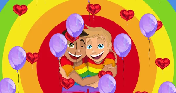 Afbeelding Van Ballonnen Boven Harten Jongens Omhelzend Regenboog Achtergrond Trots — Stockfoto
