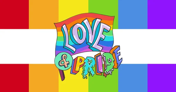 虹の縞の上の愛と誇りのテキストのイメージ Lgbtq誇りと平等のお祝いの概念デジタル生成された画像 — ストック写真