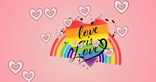 彩虹爱情上的心像是粉色背景的爱情文本 骄傲月和庆祝概念数字化生成的图像 — 图库照片