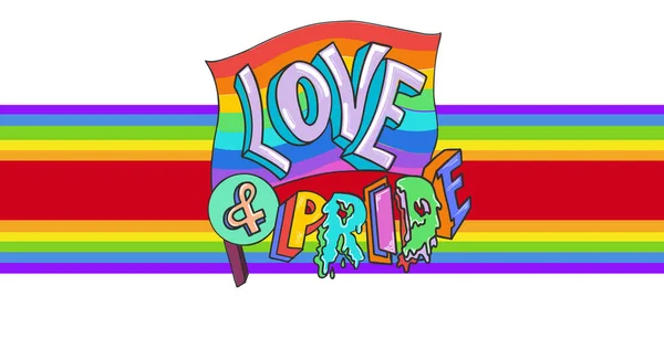 虹色のストライプの上にフラグを持つ愛と誇りのテキストのイメージ Lgbtq誇りと平等のお祝いの概念デジタル生成された画像 — ストック写真