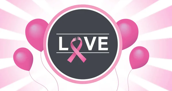 Image Flying Pink Balloon Pink Ribbon Logo Love Text Breast — Stock Photo, Image