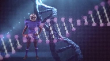 Afrika kökenli Amerikalı Amerikan futbolcunun DNA diziliminin animasyonu. global spor, bağlantılar, dijital arayüz ve teknoloji konsepti dijital olarak oluşturulmuş video.