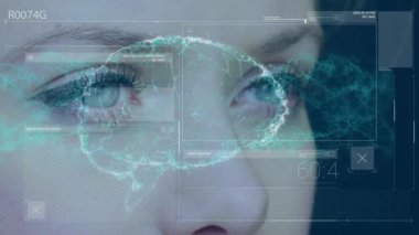 Beynin animasyonu ve verilerin, beyaz kadının gözleri üzerinde işlenmesi. küresel iş, finans, bağlantılar ve dijital arayüz konsepti dijital olarak oluşturulmuş video.