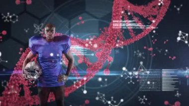 Afro-Amerikan futbolcu üzerinde veri işleme ve DNA iplikçiklerinin animasyonu. global spor, bağlantılar, dijital arayüz ve teknoloji konsepti dijital olarak oluşturulmuş video.
